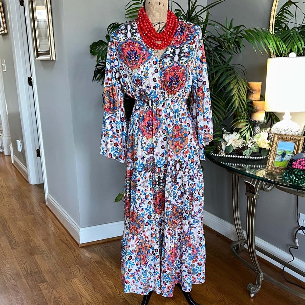 Anthropologie Vibrant Boemo Floral Flowing Long Sleeve Maxi Dress